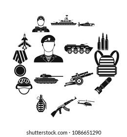 War icons set in simple style. Military equipment set collection vector illustration