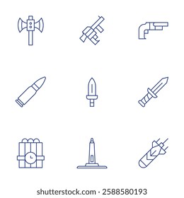 War icons set. Thin Line style, editable stroke. axe, bullet, dynamite, grenade launcher, knife, memorial, shotgun, sword, torpedo.