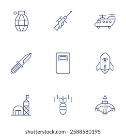 War icons set. Thin Line style, editable stroke. army, bomb, crossbow, grenade, knife, military base, sniper rifle, tactical, war.