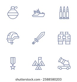 War icons set. Thin Line style, editable stroke. ammunition, binoculars, cannon, grenade, helmet, medal, ship, sword, tent.