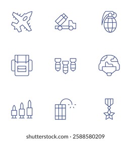 War icons set. Thin Line style, editable stroke. aircraft, artillery, backpack, bomb, bullets, dynamite, grenade, helmet, medal.