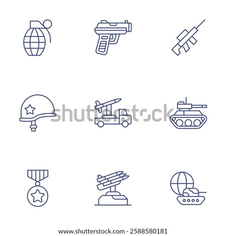 War icons set. Thin Line style, editable stroke. grenade, gun, helmet, launcher, medal, missile, sniper rifle, tank, world war.