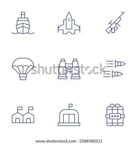 War icons set. Thin Line style, editable stroke. airforce, assault rifle, binocular, bullet, bunker, dynamite, ship, supply, tent.