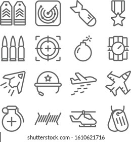 War icons set vector illustration. Contains such icon as Jet, Bullets, Grenade, Helicopter and more. Expanded Stroke
