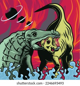War Illustration crocodile fight dinosour Vector