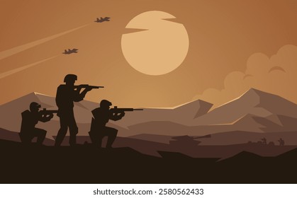 War illustration with hill and moon, soldier background, soldier silhouette, Artillery, Cavalry, Tank, Warplane.