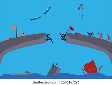 war illustration on the broken bridge