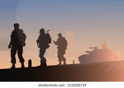 war illustration vector, silhouette of soldiers and the city behind with a tank at sunrise. Military army aggression conflict concept