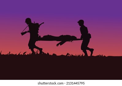 War Illustration Vector, Silhouette Of Two Medicine Soldier Lifting Up The Victim Battle With Sunset Sky  Background