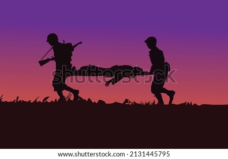 war illustration vector, silhouette of two medicine soldier lifting up the victim battle with sunset sky  background