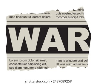 War inscription on a scrap of old newspaper. Isolated on white background. Vector illustration. Front view. Close up