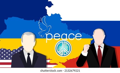 Ucrania, Rusia, Estados Unidos banderas en el mapa con símbolos y palomas de paz y mundo con líderes.