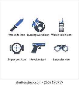 Kriegsmesser, Brennende Welt, Walkie-Talkie, Scharfschützengewehr, Revolver, Binokular, Symbol