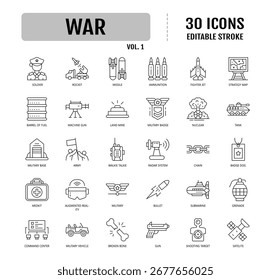 conjunto de ícones editáveis da linha war. Traçado editável. Ilustração vetorial