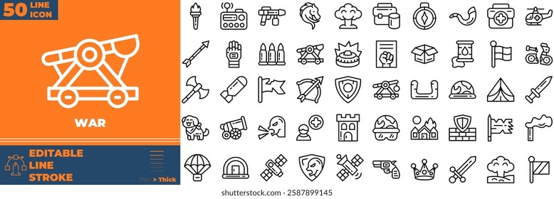 War Line Editable Icons set. Vector illustration in modern thin line style of war icons: Army, battle, conflict, military, missile, etc