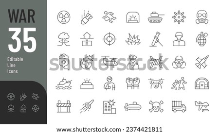 War Line Editable Icons set. Vector illustration in modern thin line style of military action related  icons: military equipment, weapons, shelter, soldiers, injured and killed residents, and other.