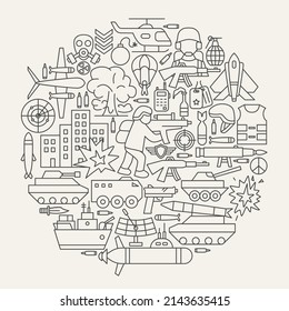 Circle of War Line Icons. Vektorgrafik von Outline Design.