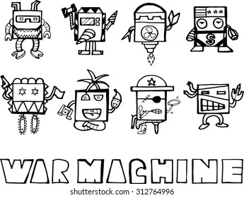 War machine doodle cartoon set
