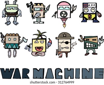 War machine doodle cartoon set