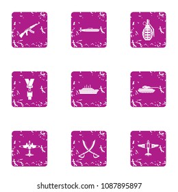 War machine icons set. Grunge set of 9 war machine vector icons for web isolated on white background