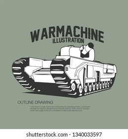 War machine isolated outline drawing vector illustration.