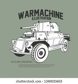 War machine isolated outline drawing vector illustration.