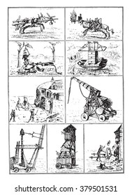 War Machines in the fourteenth and fifteenth centuries, vintage engraved illustration. Magasin Pittoresque 1880.
