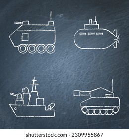 Icono de las máquinas de guerra puesto en la pizarra. El transporte militar y los símbolos de los vehículos de combate. Ilustración vectorial.