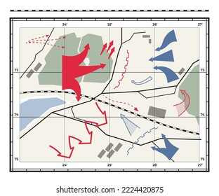 War map. Geography fighting defense plan with navigation arrow icons, reconnaissance attack pointers cartography topography concept. Vector illustration of geography war