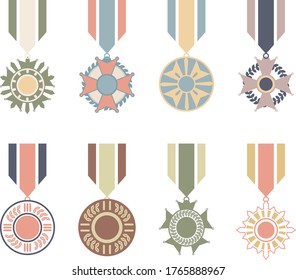 War medals collection with retro concept.Vector illustration of vintage war award medal set.