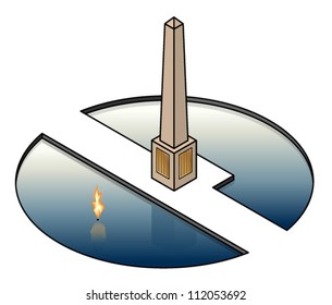 A war memorial with a reflecting pool and eternal flame.