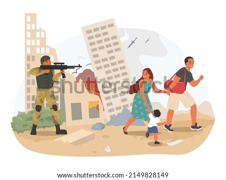 War and military invasion concept. Vector soldier in uniform aiming rifle at family refugee illustration. Bombing city background