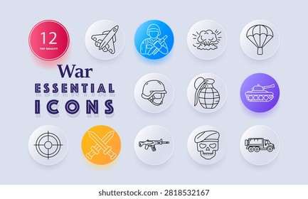 War military set icon. Soldier portrait, armored vehicle, target scope, aircraft transport, explosive grenade, parachute deployment, tactical rifle, dangerous battlefield equipment