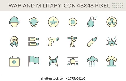 War And Military Weapon Vector Icon I.e. Gun, Bomb, Nuclear Missile. Include Safety Equipment I.e. Helmet. For Soldier, Army Use To Defense, Security And Protection By Shot, Attack To Target. 48x48 Px