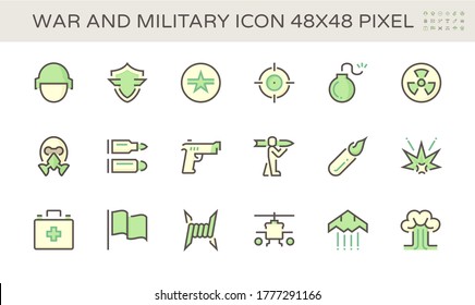 Diseño de conjunto de iconos vectoriales militares y de guerra, 48x48 píxeles perfecto y editable.