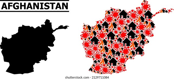 Mapa vectorial de mosaico de guerra de Afganistán. El mapa geográfico de mosaicos de Afganistán se construye con fuego disperso, destrucción, golpes, realeza quemada, ataques. Ilustración plana vectorial para proyectos militares.