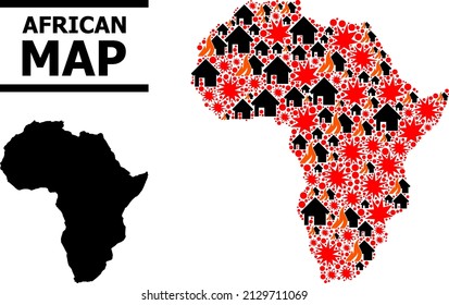 War mosaic vector map of Africa. Geographic mosaic map of Africa is done with scattered fire, destruction, bangs, burn houses, strikes.