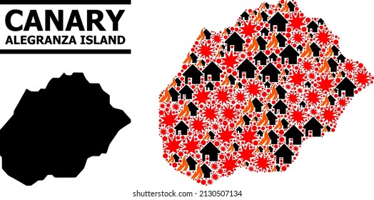 Mapa vectorial de mosaico de guerra de la isla Alegranza. El mapa de mosaicos geográficos de la isla Alegranza se combina con el fuego aleatorio, la destrucción, los golpes, las casas quemadas, los ataques.