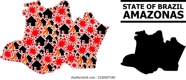 War mosaic vector map of Amazonas State. Geographic concept map of Amazonas State is combined with random fire, destruction, bangs, burn homes, strikes. Vector flat illustration for war proclamations.