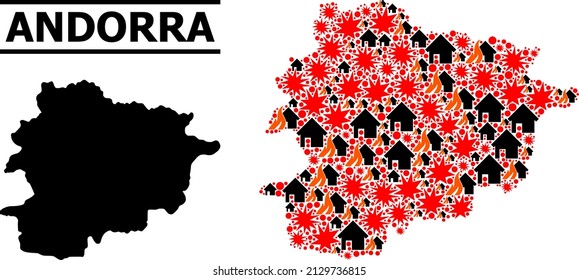 War mosaic vector map of Andorra. Geographic mosaic map of Andorra is combined with scattered fire, destruction, bangs, burn houses, strikes. Vector flat illustration for war proclamations.