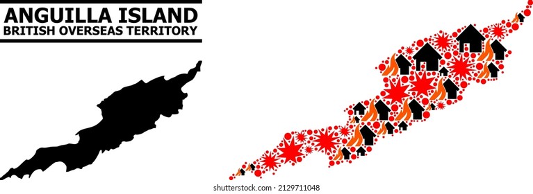 War mosaic vector map of Anguilla Island. Geographic mosaic map of Anguilla Island is combined with random fire, destruction, bangs, burn homes, strikes. Vector flat illustration for war agitation.