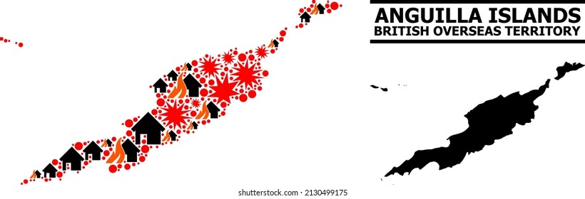 War mosaic vector map of Anguilla Islands. Geographic mosaic map of Anguilla Islands is organized with randomized fire, destruction, bangs, burn homes, strikes.