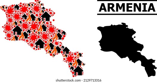 War mosaic vector map of Armenia. Geographic mosaic map of Armenia is constructed from random fire, destruction, bangs, burn houses, strikes. Vector flat illustration for war agitprop.