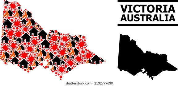 War mosaic vector map of Australian Victoria. Geographic composition map of Australian Victoria is combined with randomized fire, destruction, bangs, burn houses, strikes.