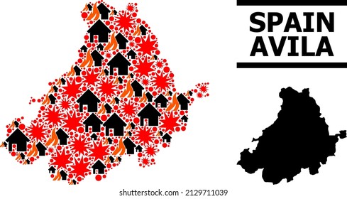 War mosaic vector map of Avila Province. Geographic concept map of Avila Province is created from random fire, destruction, bangs, burn realty, strikes. Vector flat illustration for war projects.