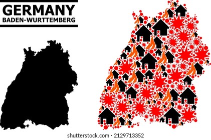 War mosaic vector map of Baden-Wurttemberg State. Geographic composition map of Baden-Wurttemberg State is composed with scattered fire, destruction, bangs, burn realty, strikes.