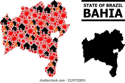 War mosaic vector map of Bahia State. Geographic mosaic map of Bahia State is composed with random fire, destruction, bangs, burn homes, strikes. Vector flat illustration for war projects.