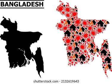 War mosaic vector map of Bangladesh. Geographic mosaic map of Bangladesh is designed from randomized fire, destruction, bangs, burn homes, strikes. Vector flat illustration for war collages.