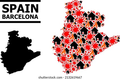 War mosaic vector map of Barcelona Province. Geographic concept map of Barcelona Province is constructed with random fire, destruction, bangs, burn homes, strikes.