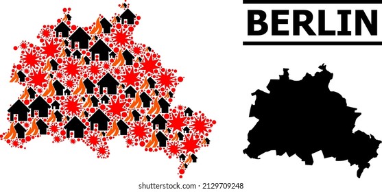 War mosaic vector map of Berlin City. Geographic concept map of Berlin City is done with scattered fire, destruction, bangs, burn homes, strikes. Vector flat illustration for war promotion.